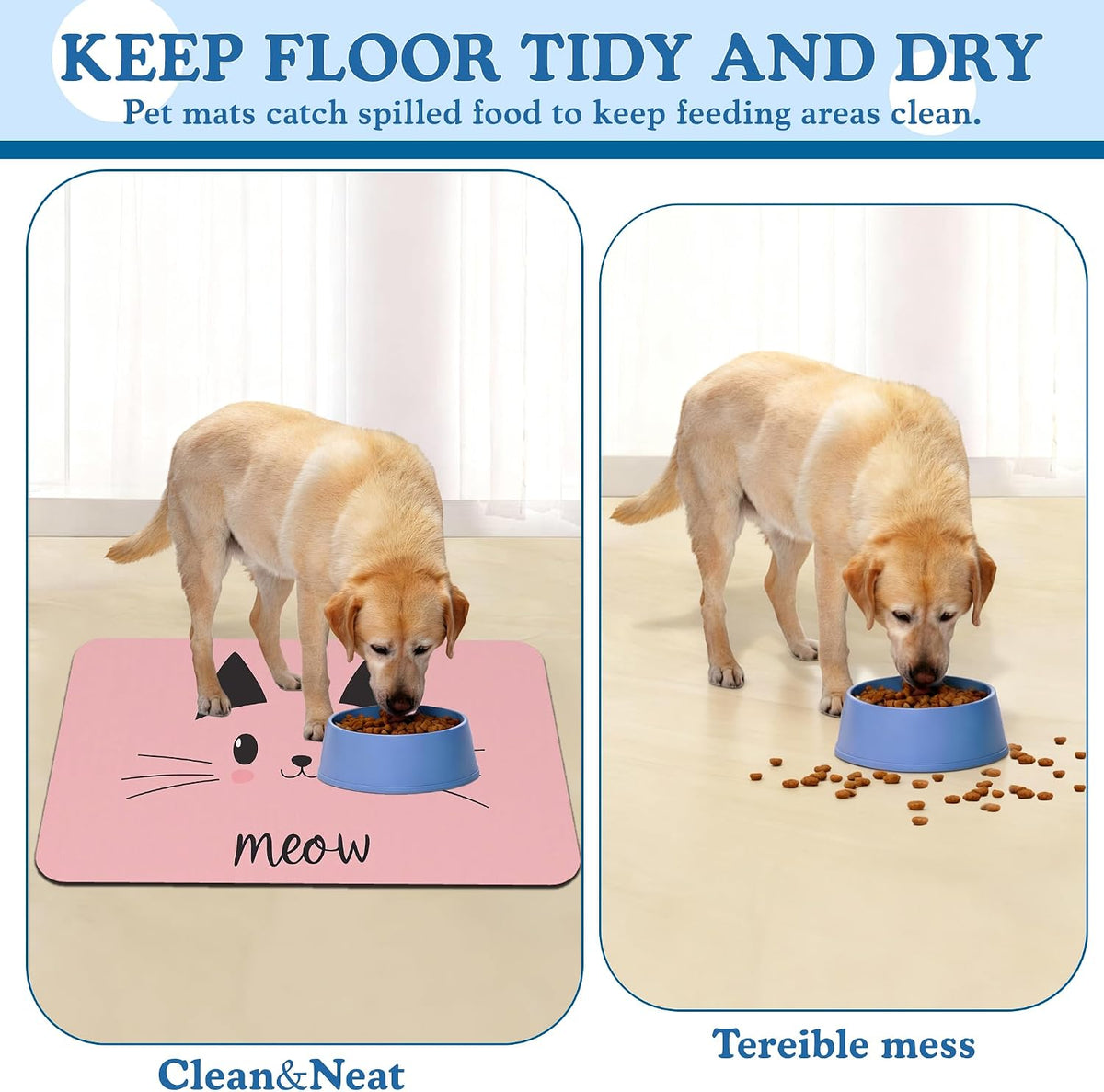Pink Cat Dog Food Mat–Absorbent Quick Dry Feeding Placemat for Food and Water Bowls, Non Slip Rubber Backing, Waterproof Pet Supplies for Mess-Free Eating 12"x20"