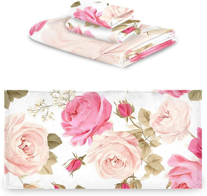 3 Piece Bath Towel Set, Soft Highly Absorbent Bathroom Towels Beautiful Floral Pink Roses Bath Towels Fashion Print Decorative Towels (Set of 3, 1 Bath Towel, 1 Hand Towel & 1 Washcloth)