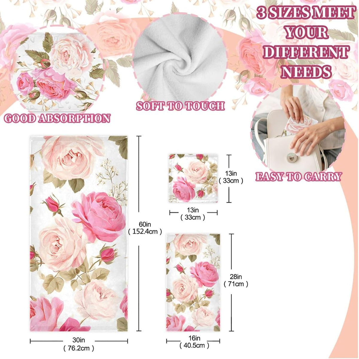 3 Piece Bath Towel Set, Soft Highly Absorbent Bathroom Towels Beautiful Floral Pink Roses Bath Towels Fashion Print Decorative Towels (Set of 3, 1 Bath Towel, 1 Hand Towel & 1 Washcloth)