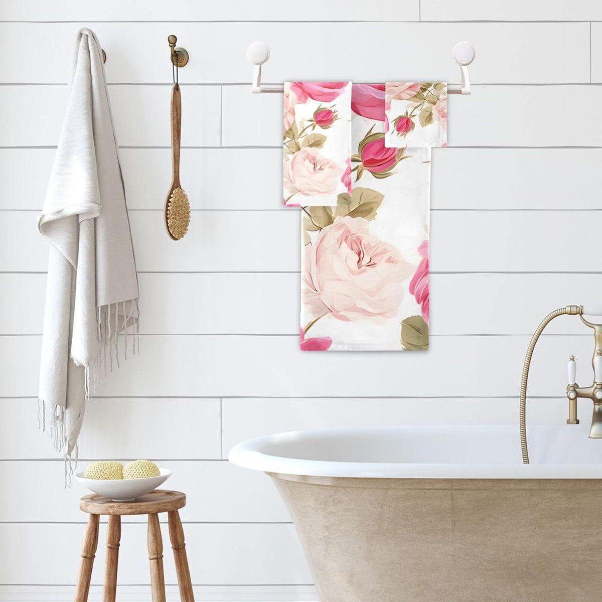 3 Piece Bath Towel Set, Soft Highly Absorbent Bathroom Towels Beautiful Floral Pink Roses Bath Towels Fashion Print Decorative Towels (Set of 3, 1 Bath Towel, 1 Hand Towel & 1 Washcloth)