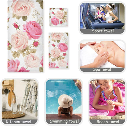 3 Piece Bath Towel Set, Soft Highly Absorbent Bathroom Towels Beautiful Floral Pink Roses Bath Towels Fashion Print Decorative Towels (Set of 3, 1 Bath Towel, 1 Hand Towel & 1 Washcloth)