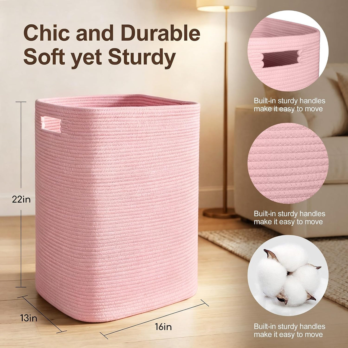 Large Laundry Hamper 16"x13"x22" - Tall Woven Laundry Basket, Cotton Rope Dirty Clothes Hamper, Baby Kids Nursery Wicker Laundry Basket, Bedroom Aesthetic, Soft Laundry Bin, Pink Hamper, 75L