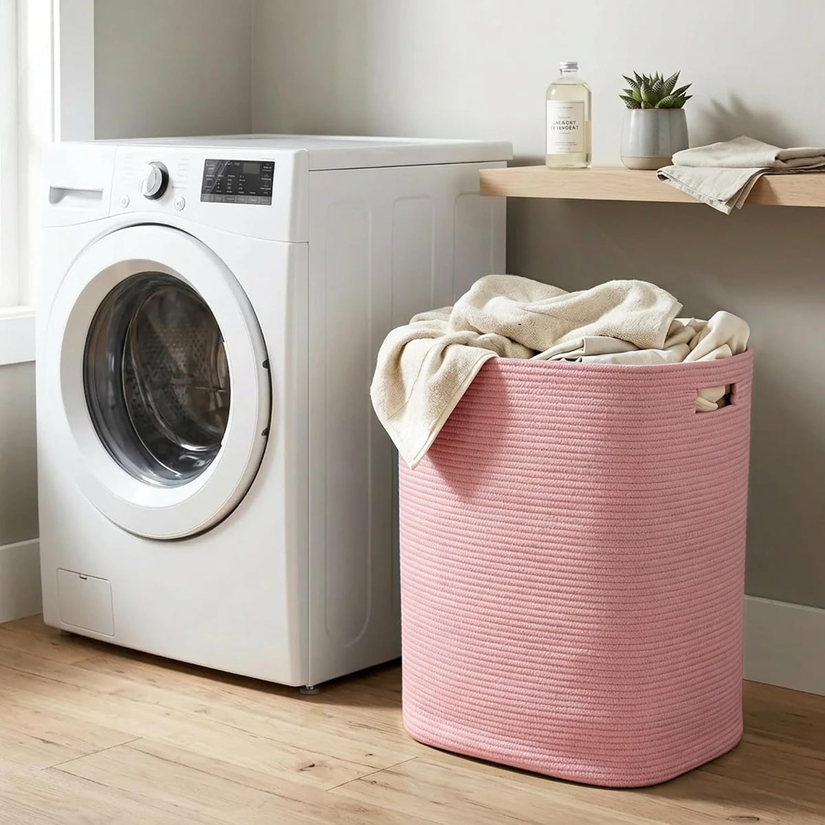 Large Laundry Hamper 16"x13"x22" - Tall Woven Laundry Basket, Cotton Rope Dirty Clothes Hamper, Baby Kids Nursery Wicker Laundry Basket, Bedroom Aesthetic, Soft Laundry Bin, Pink Hamper, 75L