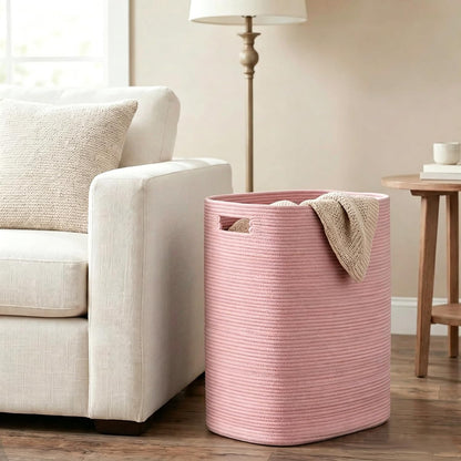 Large Laundry Hamper 16"x13"x22" - Tall Woven Laundry Basket, Cotton Rope Dirty Clothes Hamper, Baby Kids Nursery Wicker Laundry Basket, Bedroom Aesthetic, Soft Laundry Bin, Pink Hamper, 75L