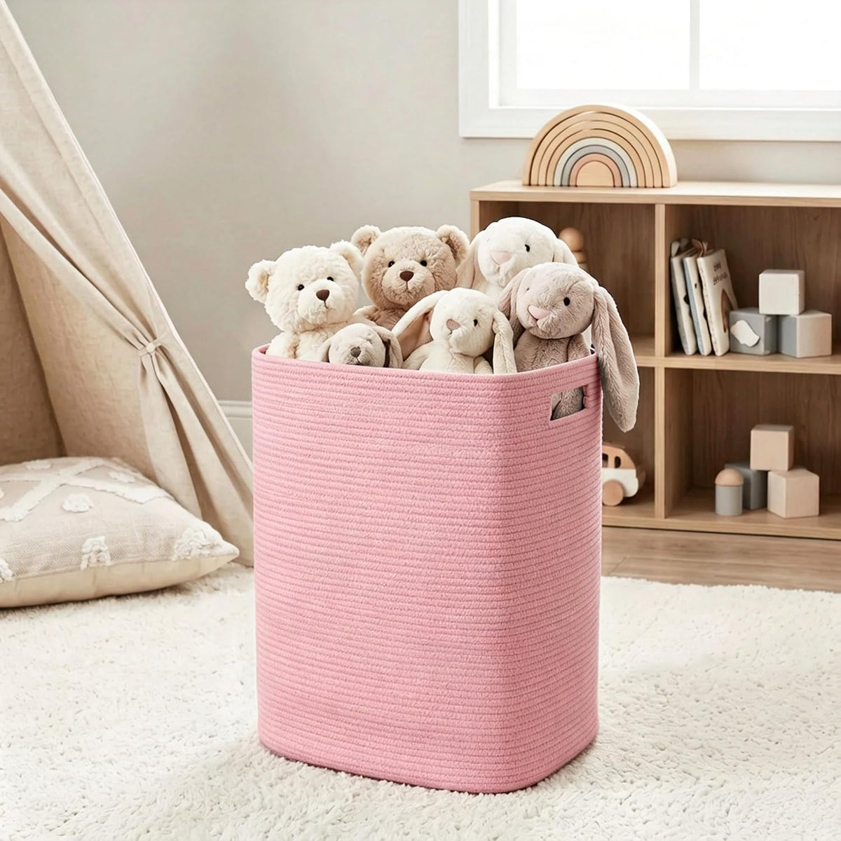 Large Laundry Hamper 16"x13"x22" - Tall Woven Laundry Basket, Cotton Rope Dirty Clothes Hamper, Baby Kids Nursery Wicker Laundry Basket, Bedroom Aesthetic, Soft Laundry Bin, Pink Hamper, 75L