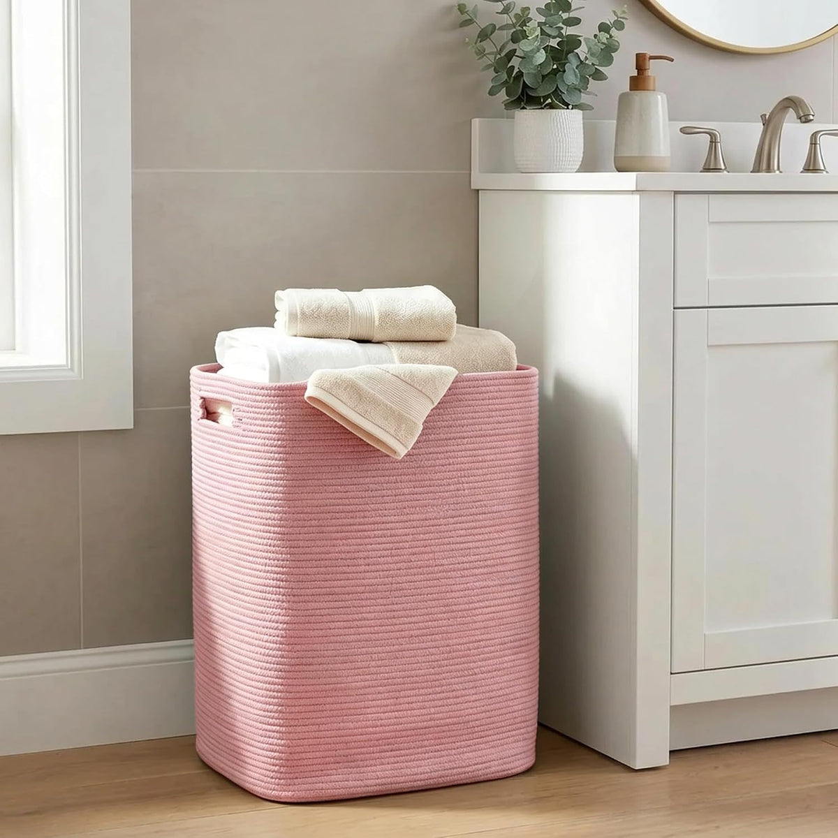 Large Laundry Hamper 16"x13"x22" - Tall Woven Laundry Basket, Cotton Rope Dirty Clothes Hamper, Baby Kids Nursery Wicker Laundry Basket, Bedroom Aesthetic, Soft Laundry Bin, Pink Hamper, 75L