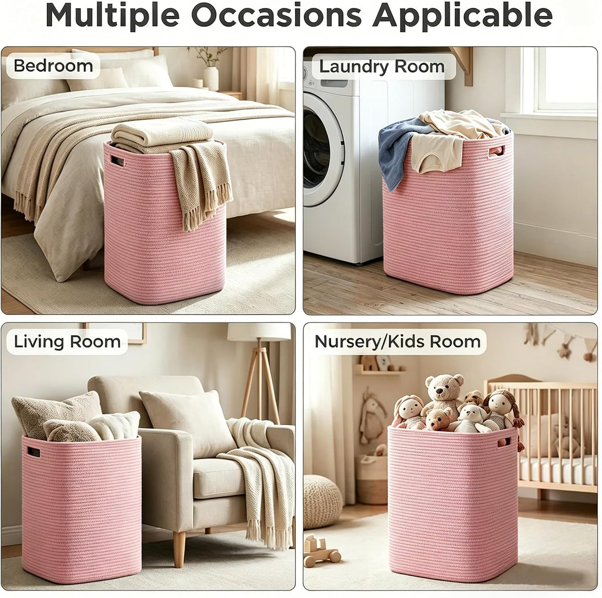 Large Laundry Hamper 16"x13"x22" - Tall Woven Laundry Basket, Cotton Rope Dirty Clothes Hamper, Baby Kids Nursery Wicker Laundry Basket, Bedroom Aesthetic, Soft Laundry Bin, Pink Hamper, 75L