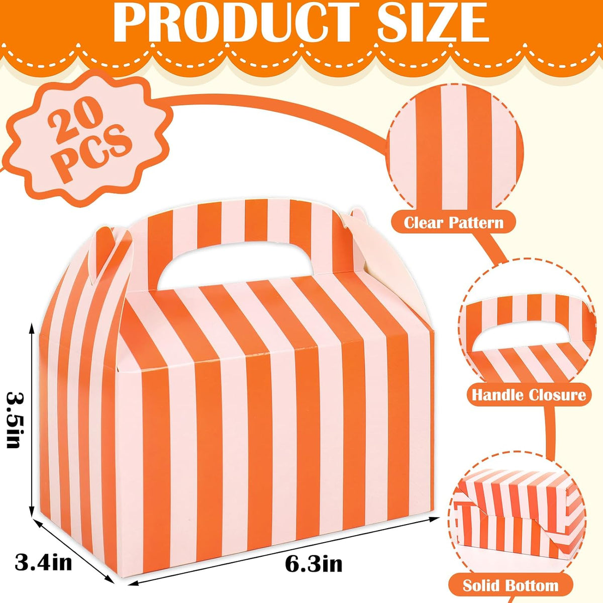 20 Pcs Striped Party Favor Boxes with Handles Pink Orange Striped Paper Treat Gable Boxes for Candy Cookies Small Gifts Summer Wedding Birthday Baby Shower Supplies