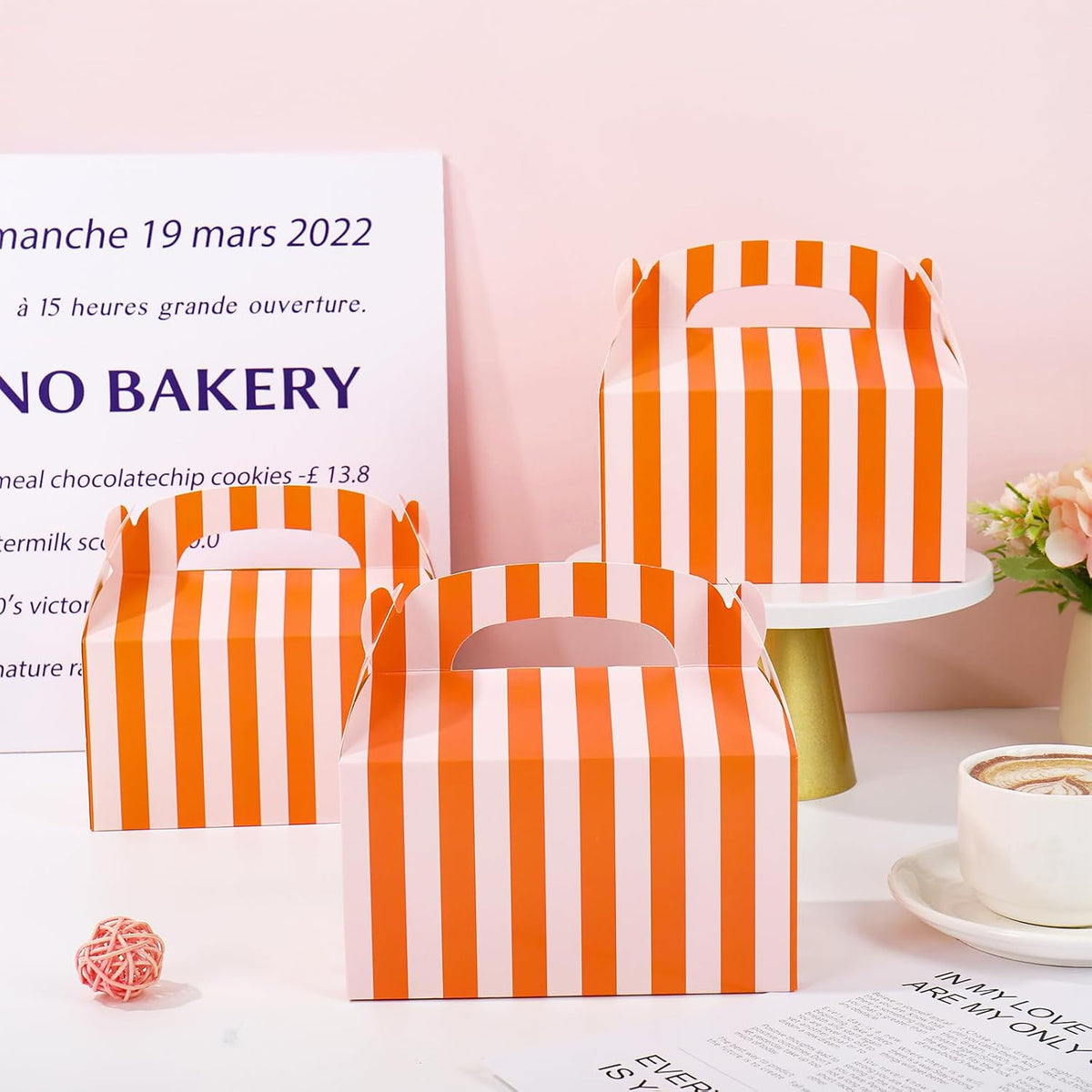20 Pcs Striped Party Favor Boxes with Handles Pink Orange Striped Paper Treat Gable Boxes for Candy Cookies Small Gifts Summer Wedding Birthday Baby Shower Supplies