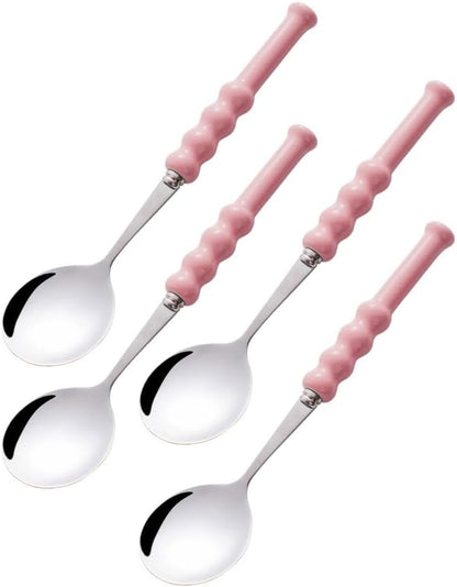 (4 Pieces) 7.5 Inch Ceramic Long Handle Spoon Stainless Steel Household Eating Soup Spoon Coffee Tea Spoon Small Round Spoon (Pink)