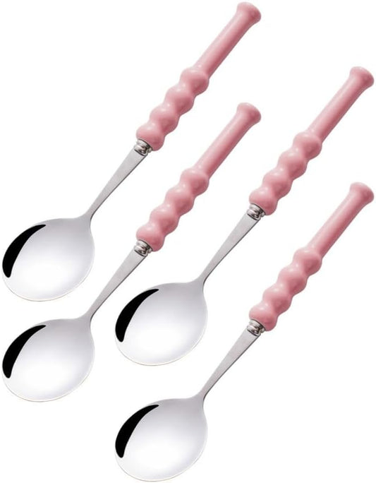 (4 Pieces) 7.5 Inch Ceramic Long Handle Spoon Stainless Steel Household Eating Soup Spoon Coffee Tea Spoon Small Round Spoon (Pink)