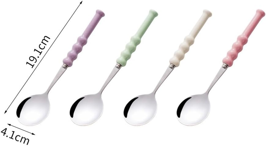 (4 Pieces) 7.5 Inch Ceramic Long Handle Spoon Stainless Steel Household Eating Soup Spoon Coffee Tea Spoon Small Round Spoon (Pink)
