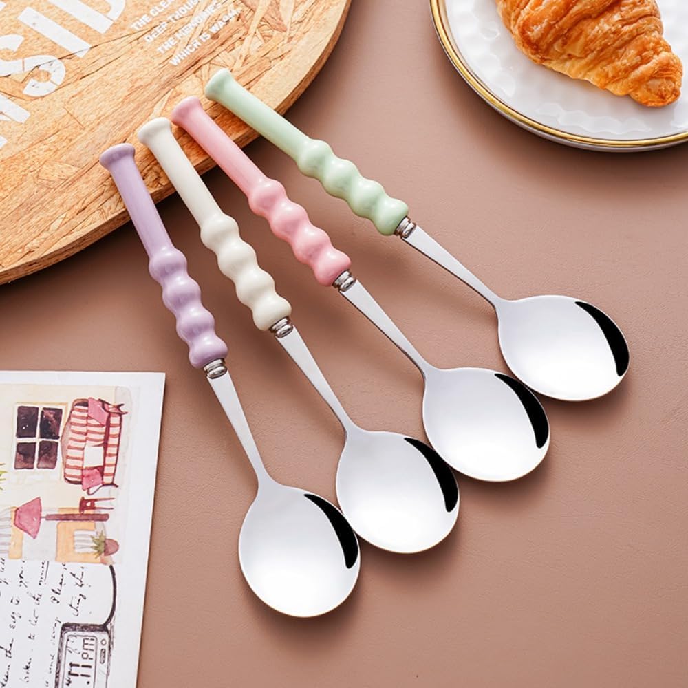 (4 Pieces) 7.5 Inch Ceramic Long Handle Spoon Stainless Steel Household Eating Soup Spoon Coffee Tea Spoon Small Round Spoon (Pink)