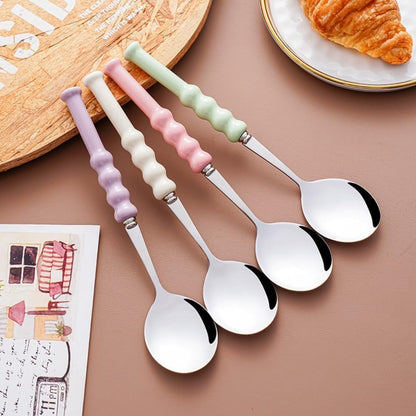 (4 Pieces) 7.5 Inch Ceramic Long Handle Spoon Stainless Steel Household Eating Soup Spoon Coffee Tea Spoon Small Round Spoon (Pink)