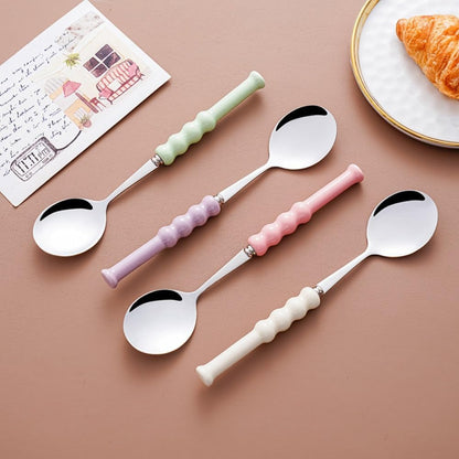 (4 Pieces) 7.5 Inch Ceramic Long Handle Spoon Stainless Steel Household Eating Soup Spoon Coffee Tea Spoon Small Round Spoon (Pink)