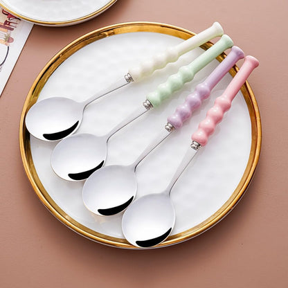 (4 Pieces) 7.5 Inch Ceramic Long Handle Spoon Stainless Steel Household Eating Soup Spoon Coffee Tea Spoon Small Round Spoon (Pink)
