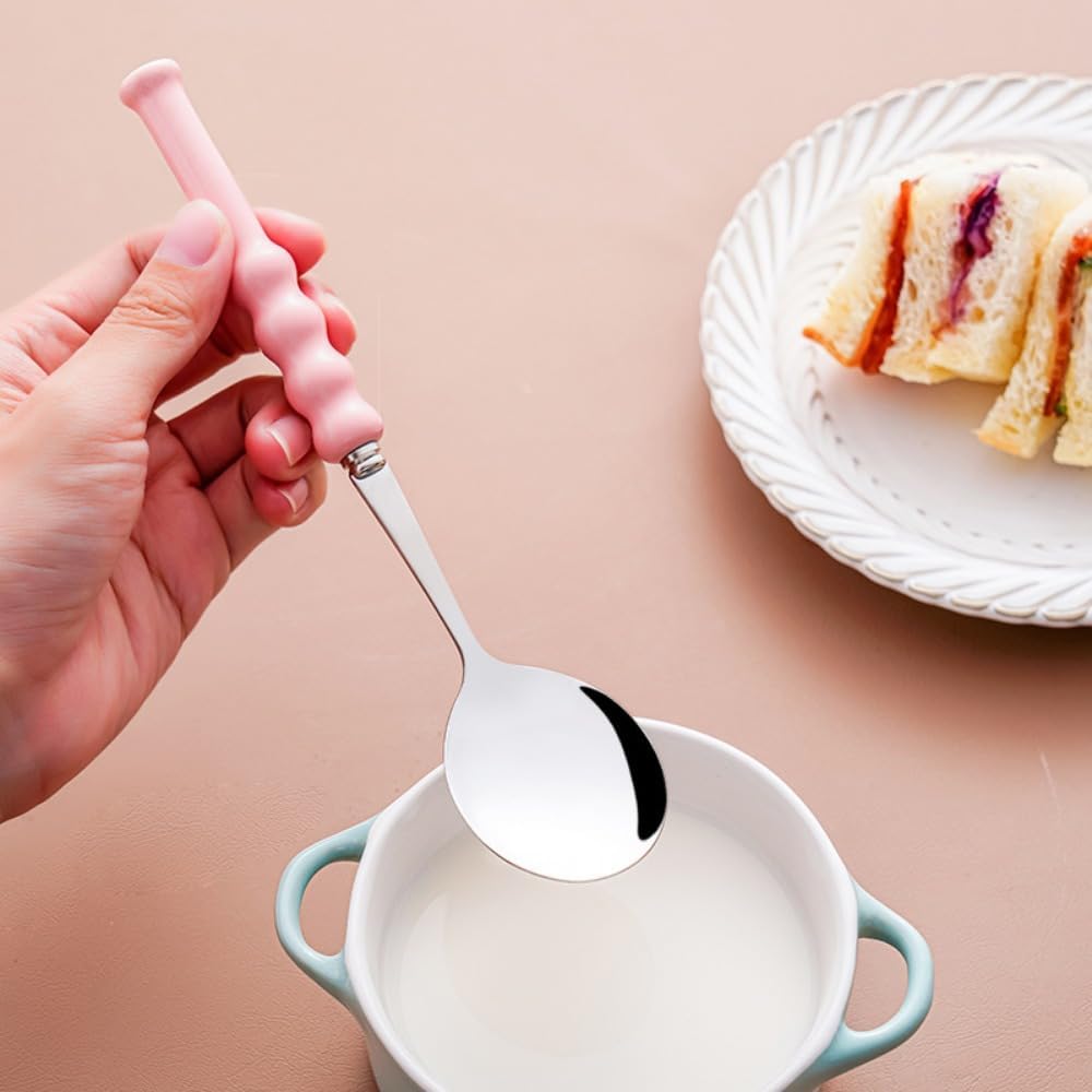 (4 Pieces) 7.5 Inch Ceramic Long Handle Spoon Stainless Steel Household Eating Soup Spoon Coffee Tea Spoon Small Round Spoon (Pink)