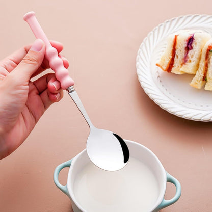 (4 Pieces) 7.5 Inch Ceramic Long Handle Spoon Stainless Steel Household Eating Soup Spoon Coffee Tea Spoon Small Round Spoon (Pink)