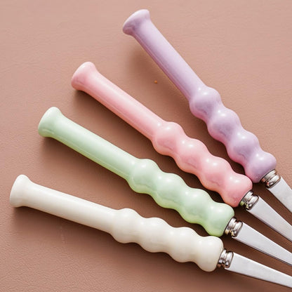 (4 Pieces) 7.5 Inch Ceramic Long Handle Spoon Stainless Steel Household Eating Soup Spoon Coffee Tea Spoon Small Round Spoon (Pink)