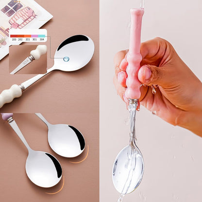(4 Pieces) 7.5 Inch Ceramic Long Handle Spoon Stainless Steel Household Eating Soup Spoon Coffee Tea Spoon Small Round Spoon (Pink)