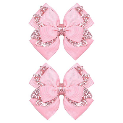 3.5 Inch Hair Bow Clips Handmade Grosgrain Ribbon Hairpins Sparkly Glitter Alligator Clip Hair Accessories for Girls, Pink