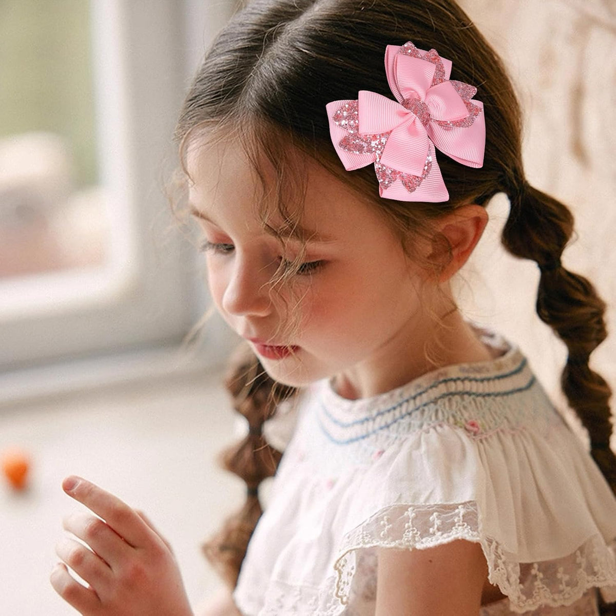 3.5 Inch Hair Bow Clips Handmade Grosgrain Ribbon Hairpins Sparkly Glitter Alligator Clip Hair Accessories for Girls, Pink