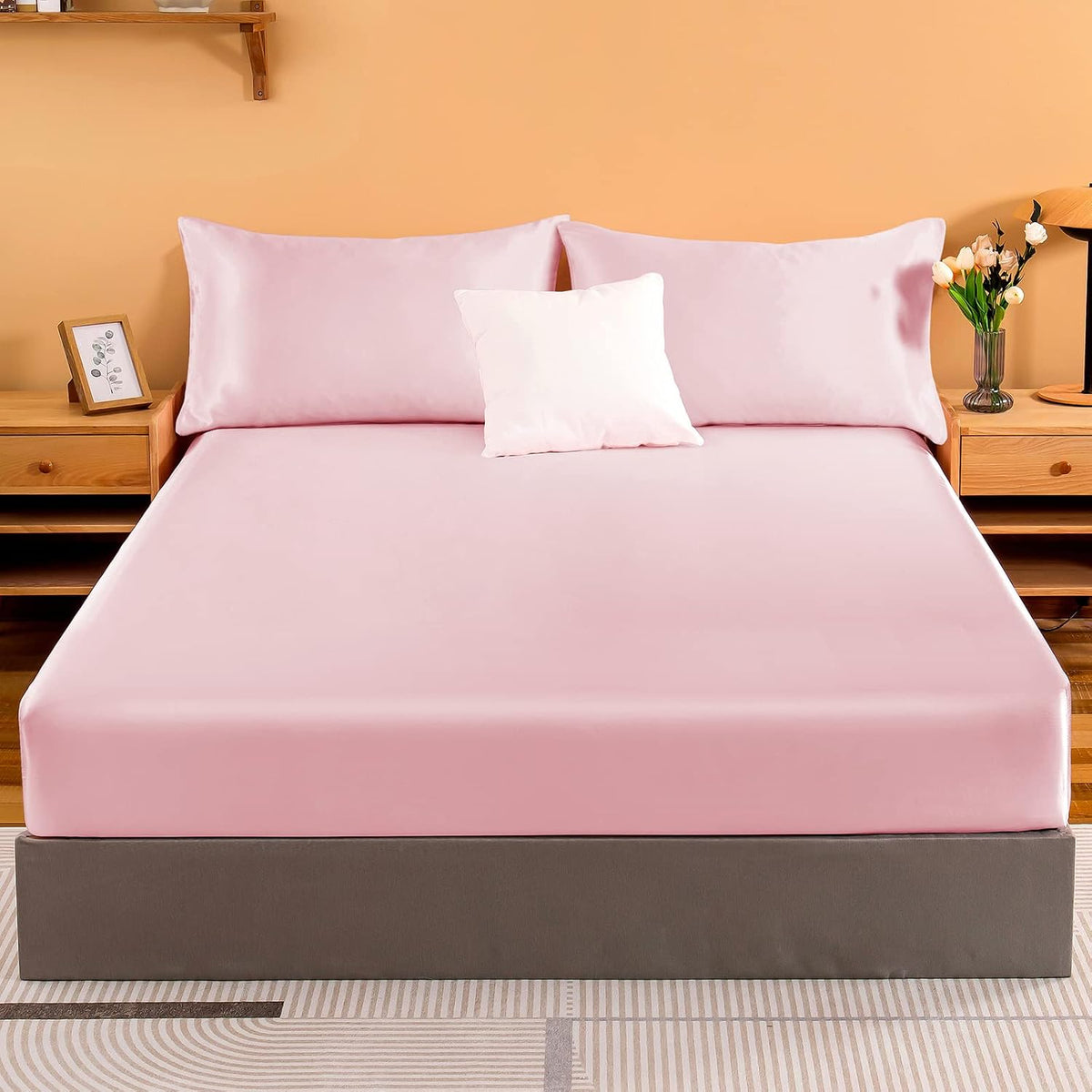 Satin Fitted Sheet Only Queen, Silky Bottom Sheets, Pink