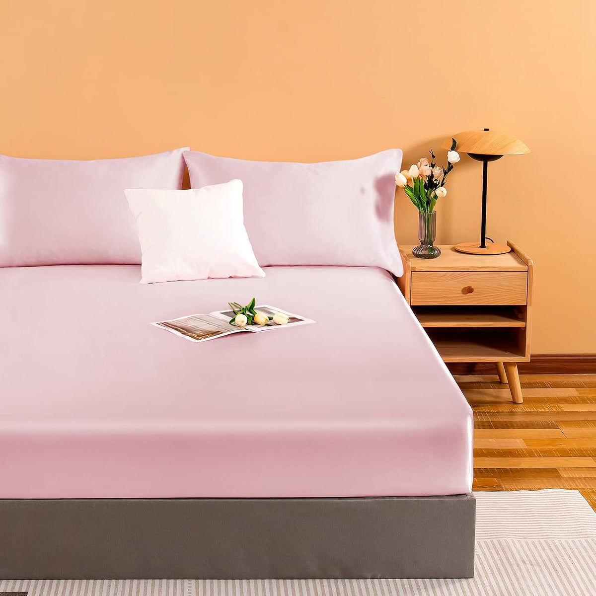 Satin Fitted Sheet Only Queen, Silky Bottom Sheets, Pink