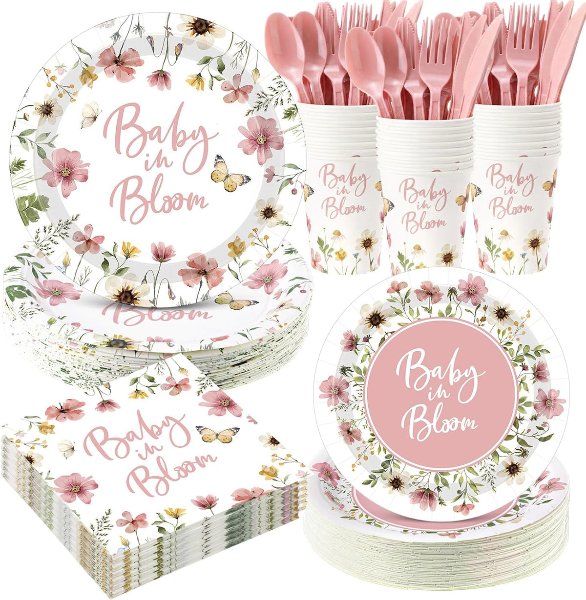 400 Pcs Baby in Bloom Party Supplies for 50 Guests Pink Floral Baby Shower Paper Plates and Napkins Knives Spoon Fork Cup Disposable Wildflower Dinner Party for Spring Greenery Favor