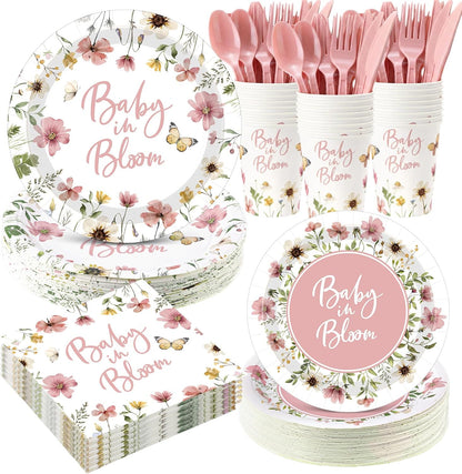 400 Pcs Baby in Bloom Party Supplies for 50 Guests Pink Floral Baby Shower Paper Plates and Napkins Knives Spoon Fork Cup Disposable Wildflower Dinner Party for Spring Greenery Favor