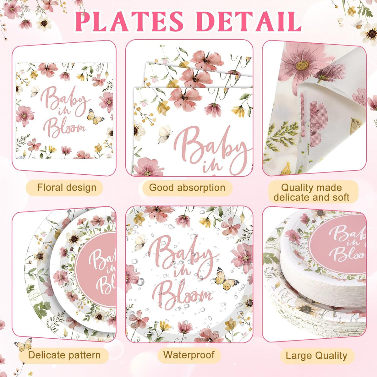 400 Pcs Baby in Bloom Party Supplies for 50 Guests Pink Floral Baby Shower Paper Plates and Napkins Knives Spoon Fork Cup Disposable Wildflower Dinner Party for Spring Greenery Favor