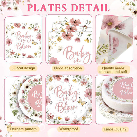400 Pcs Baby in Bloom Party Supplies for 50 Guests Pink Floral Baby Shower Paper Plates and Napkins Knives Spoon Fork Cup Disposable Wildflower Dinner Party for Spring Greenery Favor