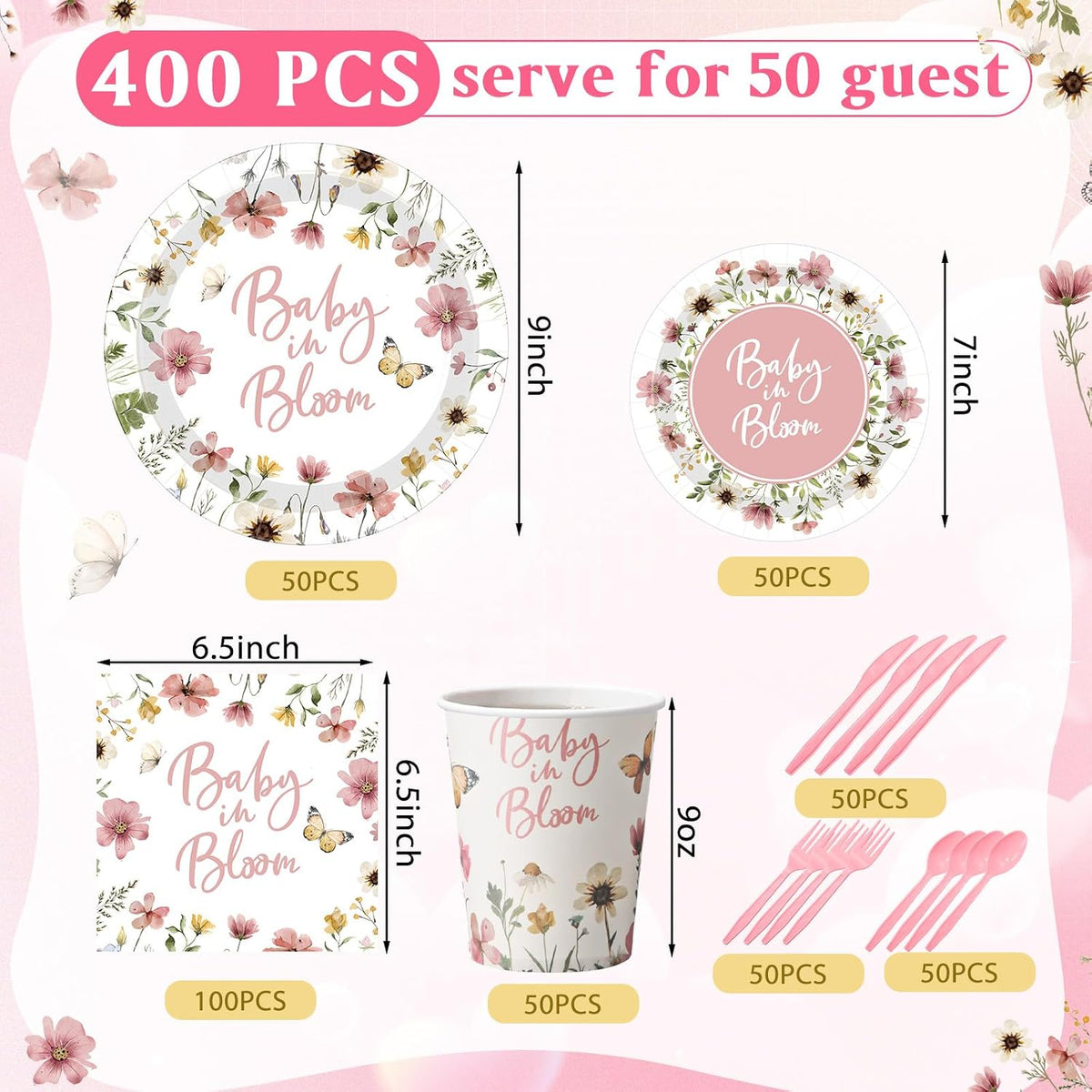 400 Pcs Baby in Bloom Party Supplies for 50 Guests Pink Floral Baby Shower Paper Plates and Napkins Knives Spoon Fork Cup Disposable Wildflower Dinner Party for Spring Greenery Favor