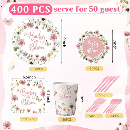 400 Pcs Baby in Bloom Party Supplies for 50 Guests Pink Floral Baby Shower Paper Plates and Napkins Knives Spoon Fork Cup Disposable Wildflower Dinner Party for Spring Greenery Favor