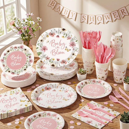 400 Pcs Baby in Bloom Party Supplies for 50 Guests Pink Floral Baby Shower Paper Plates and Napkins Knives Spoon Fork Cup Disposable Wildflower Dinner Party for Spring Greenery Favor