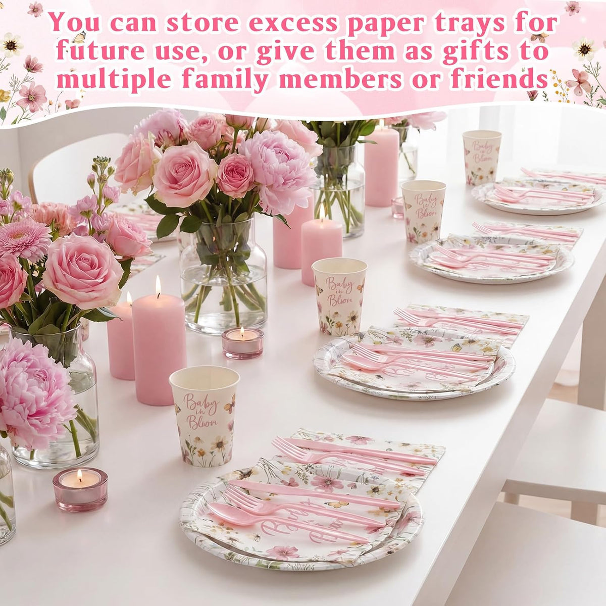 400 Pcs Baby in Bloom Party Supplies for 50 Guests Pink Floral Baby Shower Paper Plates and Napkins Knives Spoon Fork Cup Disposable Wildflower Dinner Party for Spring Greenery Favor