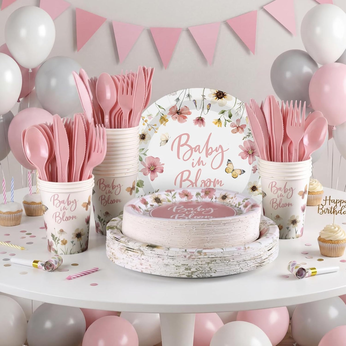 400 Pcs Baby in Bloom Party Supplies for 50 Guests Pink Floral Baby Shower Paper Plates and Napkins Knives Spoon Fork Cup Disposable Wildflower Dinner Party for Spring Greenery Favor
