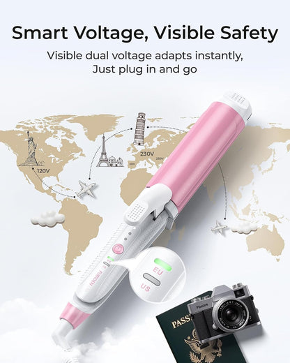 Dual-Voltage Curling Iron: Smart Voltage 1 1/2 inch Ceramic Barrel for Long Hair Traveler - European Travel Curling Iron with Clamp Flash Pink