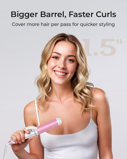 Dual-Voltage Curling Iron: Smart Voltage 1 1/2 inch Ceramic Barrel for Long Hair Traveler - European Travel Curling Iron with Clamp Flash Pink