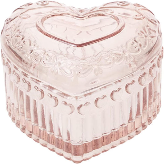 Vintage Glass Jewelry Box - Heart Shaped Display Box for Storage Ring Earring Trinket Jewelry, Pink Cute Room Decor for Girl U2-GRB003-Pink