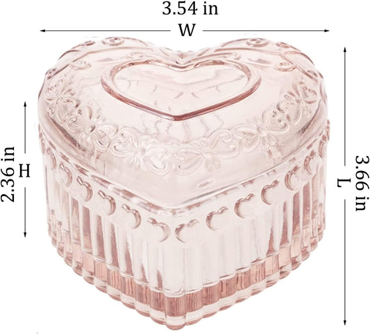 Vintage Glass Jewelry Box - Heart Shaped Display Box for Storage Ring Earring Trinket Jewelry, Pink Cute Room Decor for Girl U2-GRB003-Pink
