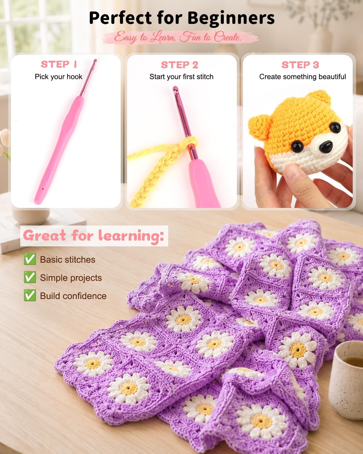 Aeelike Crochet Kit for Beginners, 59pcs Crochet Starter Kits with Yarn, Ergonomic Hooks & Storage Case, Learn-to-Crochet Set for Adults, Kids & Seniors, Ideal DIY Craft Gift for Women