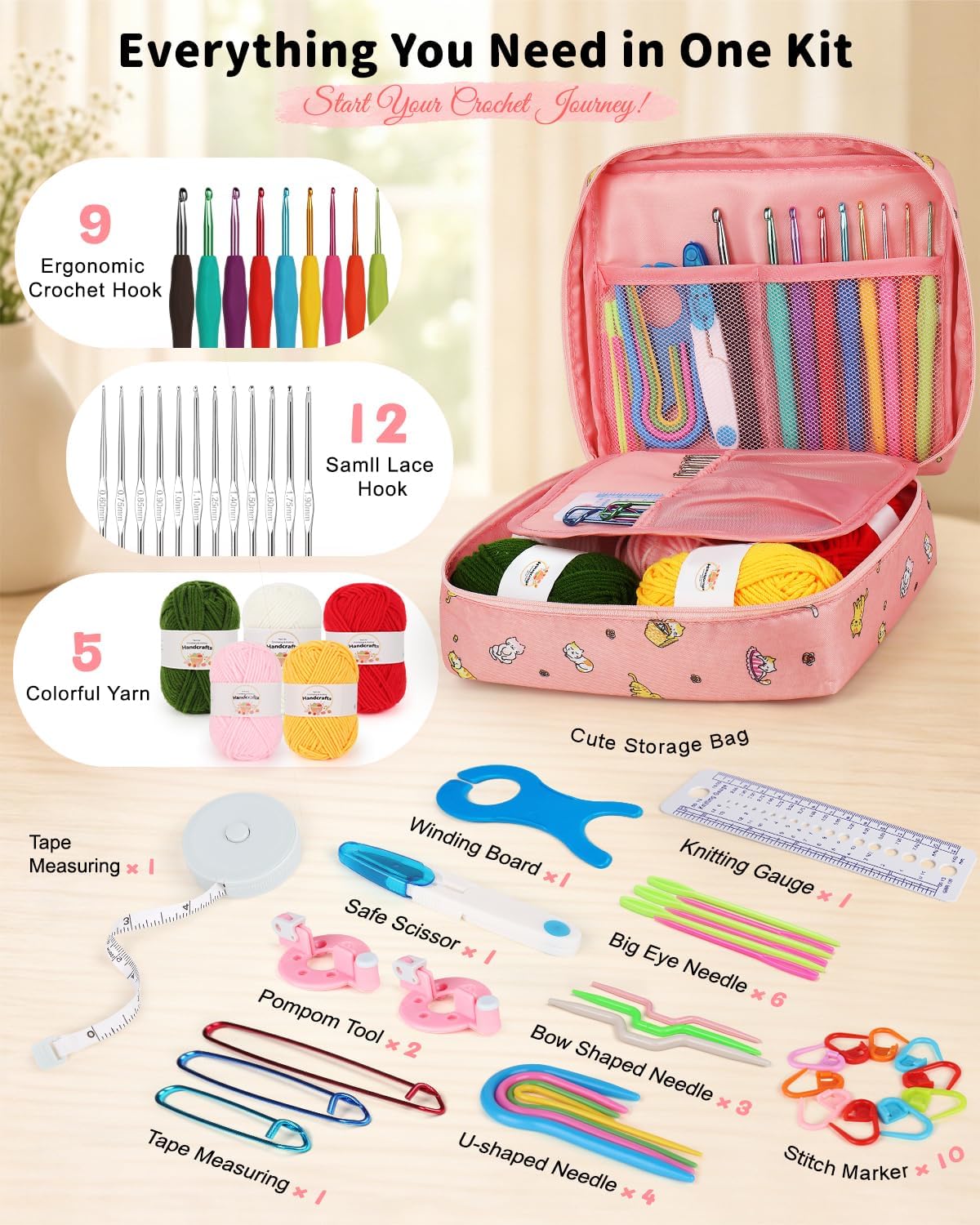 Aeelike Crochet Kit for Beginners, 59pcs Crochet Starter Kits with Yarn, Ergonomic Hooks & Storage Case, Learn-to-Crochet Set for Adults, Kids & Seniors, Ideal DIY Craft Gift for Women