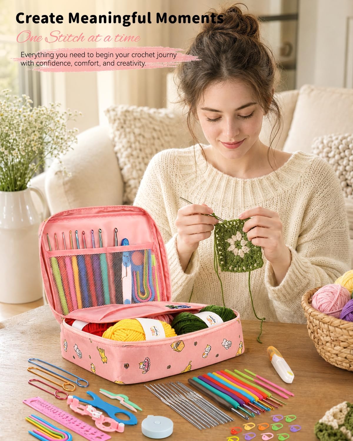 Aeelike Crochet Kit for Beginners, 59pcs Crochet Starter Kits with Yarn, Ergonomic Hooks & Storage Case, Learn-to-Crochet Set for Adults, Kids & Seniors, Ideal DIY Craft Gift for Women