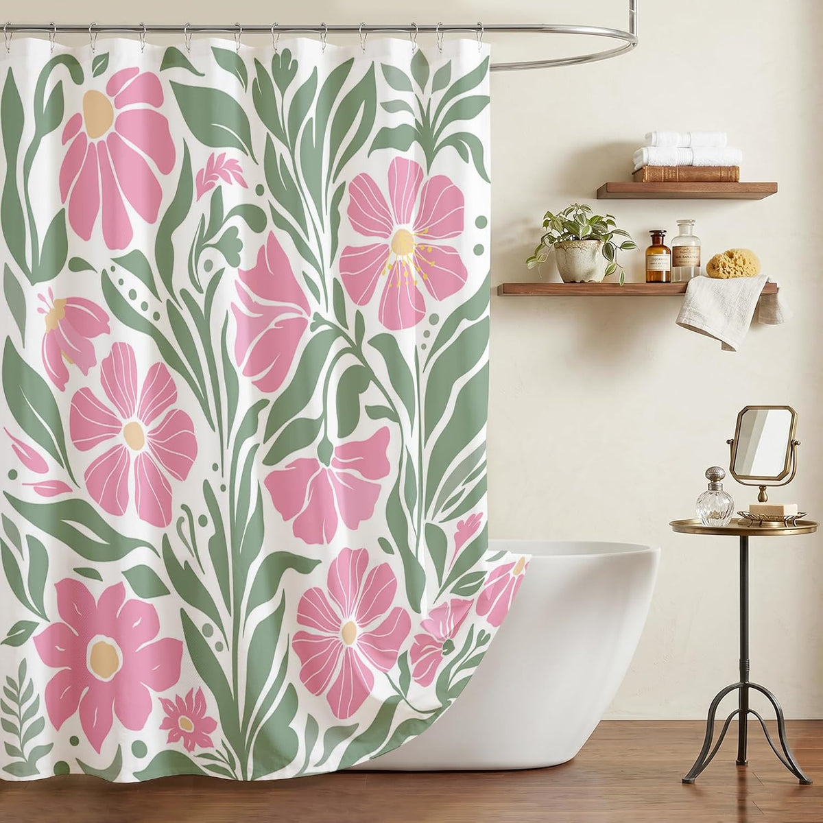 Boho Shower Curtain Floral Bathroom Curtain (Pink, 71x71 inch)