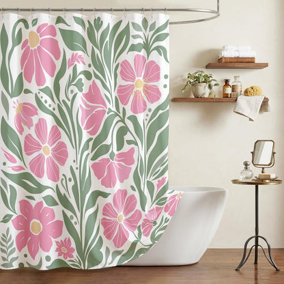 Boho Shower Curtain Floral Bathroom Curtain (Pink, 71x71 inch)