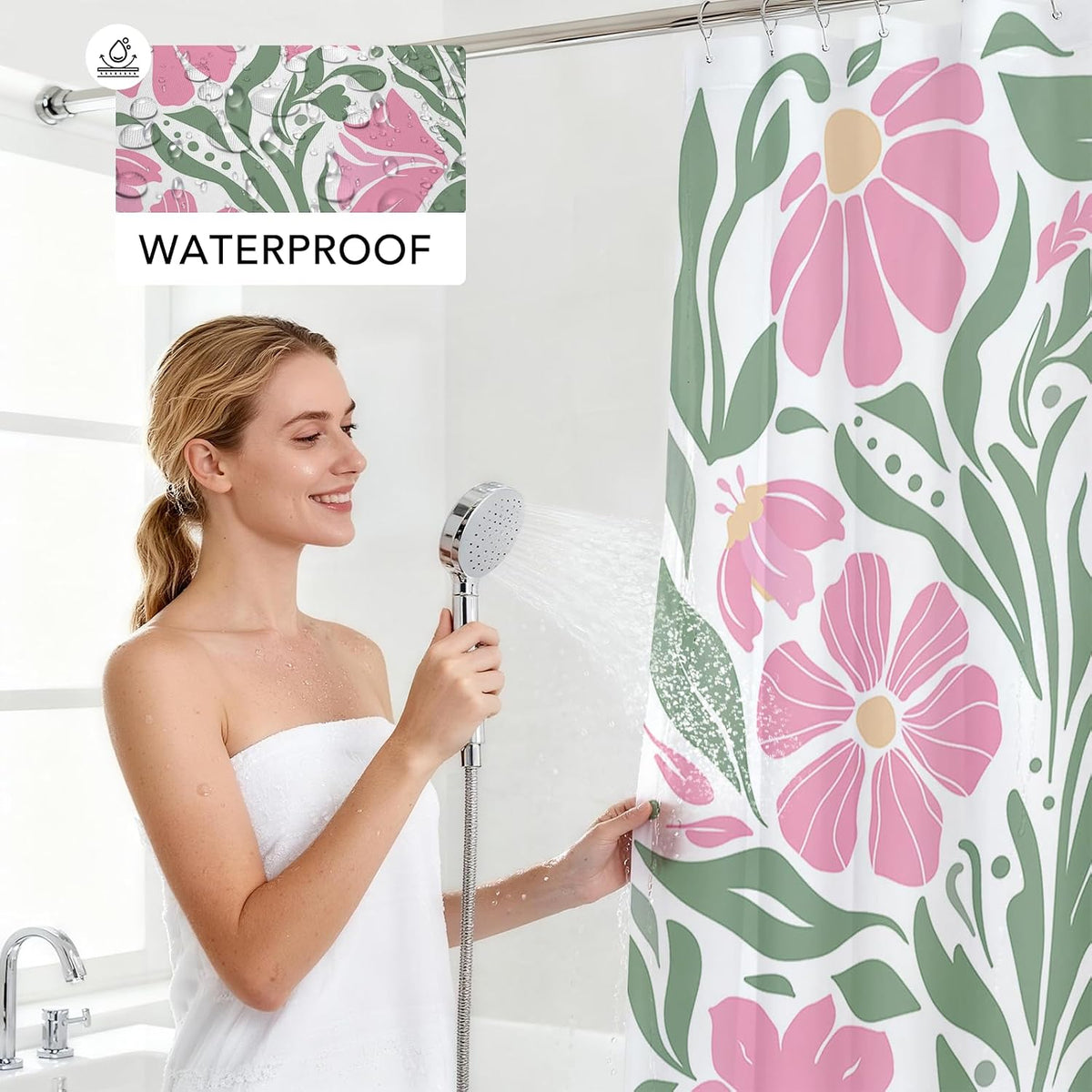 Boho Shower Curtain Floral Bathroom Curtain (Pink, 71x71 inch)