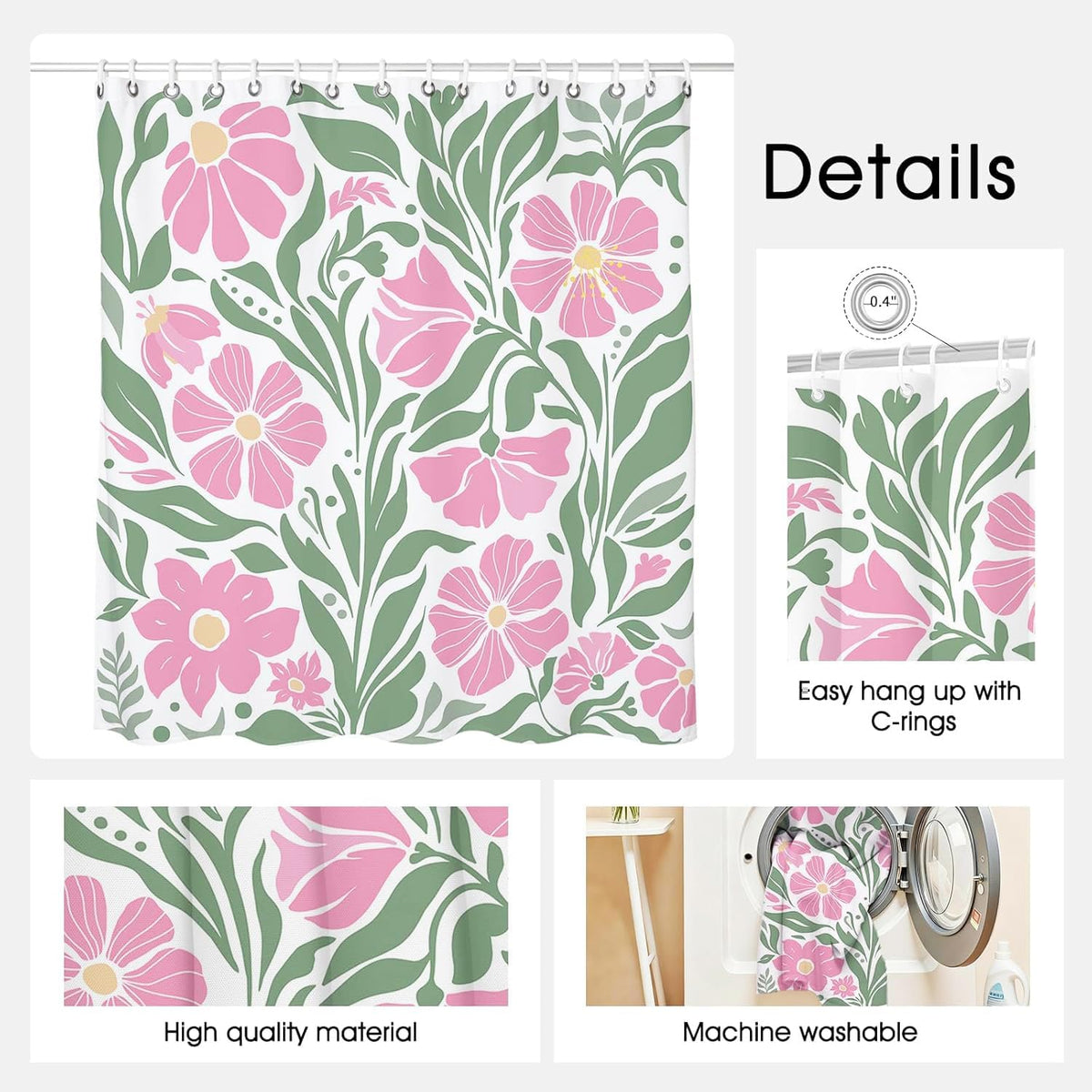 Boho Shower Curtain Floral Bathroom Curtain (Pink, 71x71 inch)