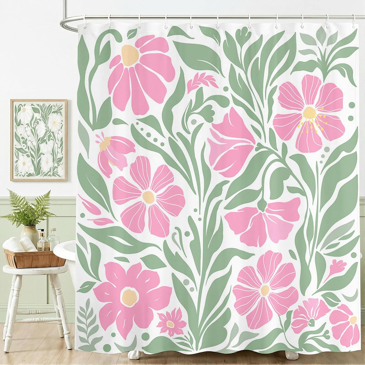 Boho Shower Curtain Floral Bathroom Curtain (Pink, 71x71 inch)