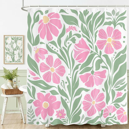 Boho Shower Curtain Floral Bathroom Curtain (Pink, 71x71 inch)